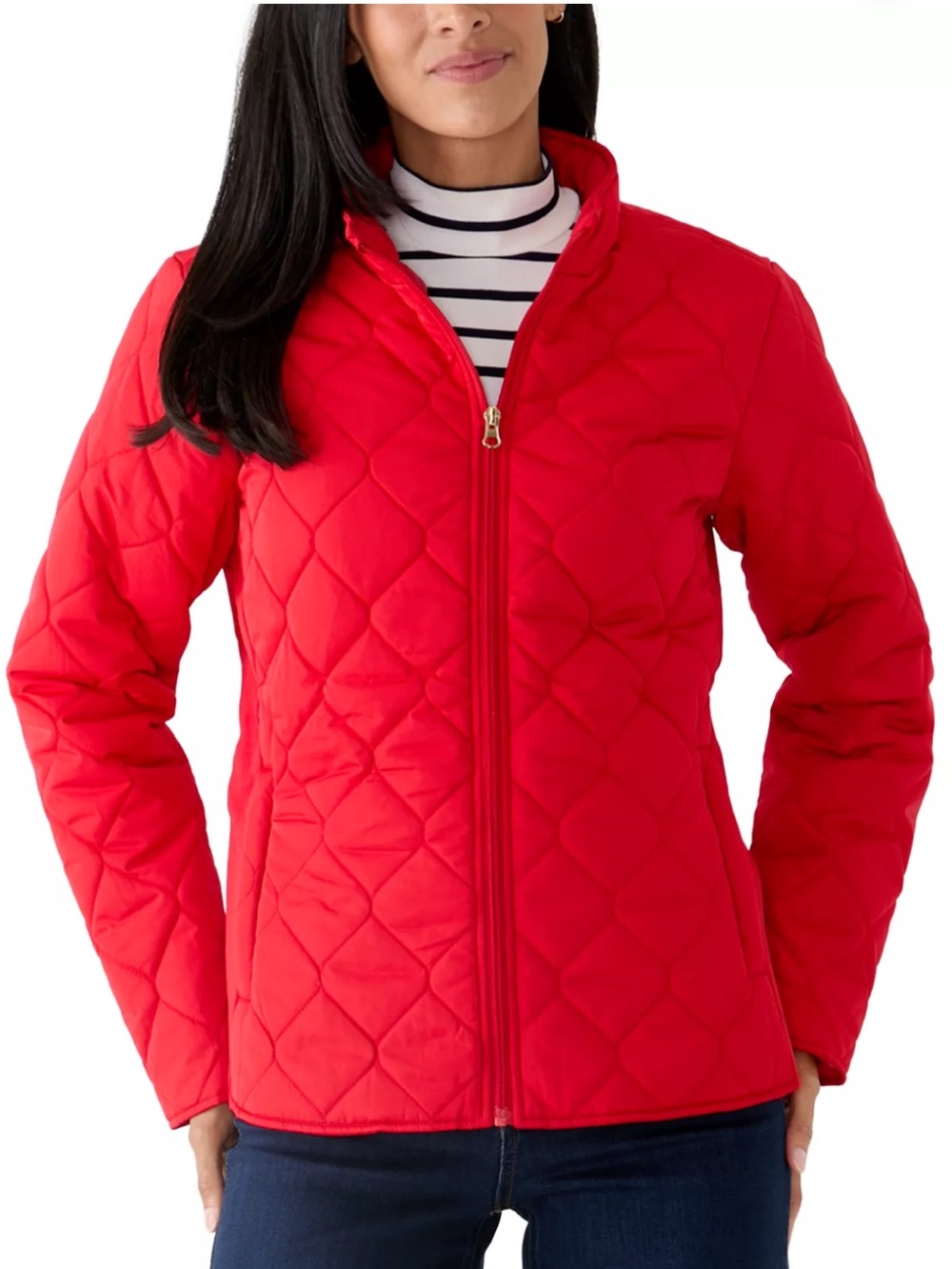 Kim Rogers Side Rib Puff Jacket Quilted Bright Red Lightweight Full-Zip Coat